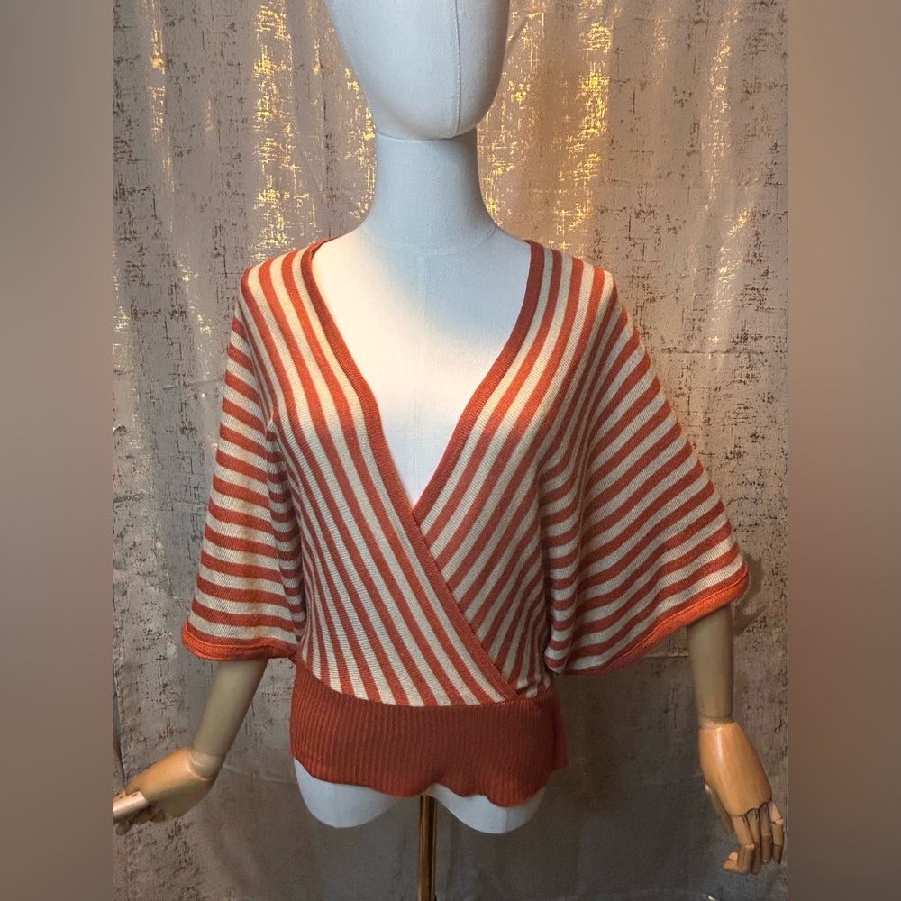 Striped V-Neck Sweater - Orange and White - Picture 2 of 2